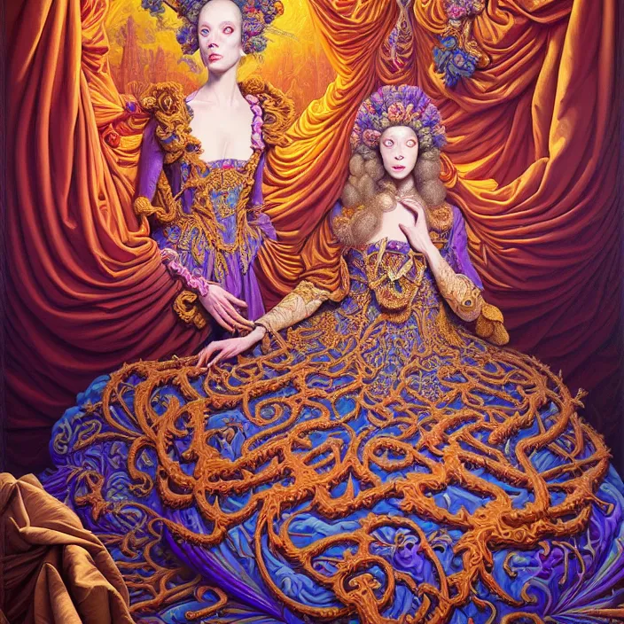 Image similar to beautiful oil painting, full length portrait of dauphinois in baroque coronation robes 1701, Dan Mumford, Dan Mumford, Alex grey, hyacinthe rigaurd, highly detailed , lsd visuals, dmt fractal patterns, hallucinogen, visionary art, psychedelic art, ornate, vaporwave, baroque, Greg rutkowski