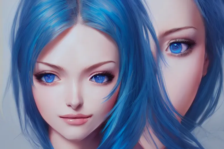Image similar to Beautiful girl, blue hair, symmetrically, smiling, pixiv, artist WLOP artstation, artist Mam BA artstation, real photo, very detailed, realistic proportions, knowledge of anatomy, anatomy for beginners, true proportions of the face