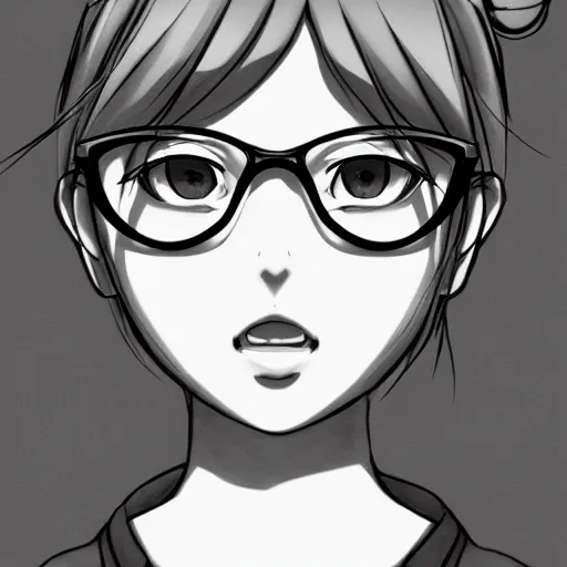 Prompt: a perfect, professional digital pen sketch of a manga schoolgirl wearing glasses, by a professional Chinese Korean artist on ArtStation, on high-quality paper