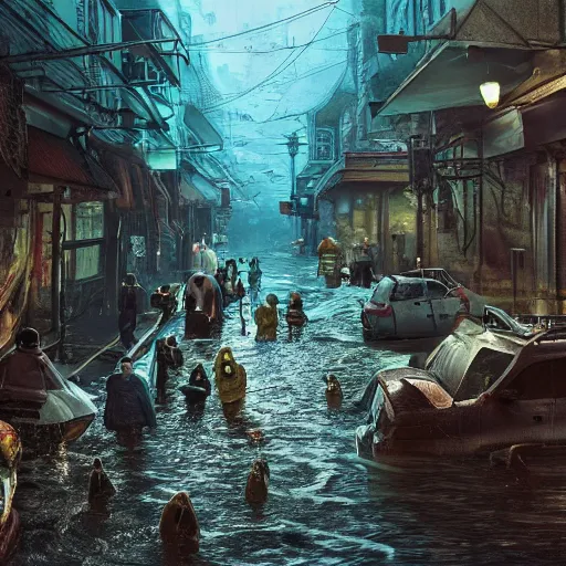 Image similar to A city street under water, horror, liminal, hyper detailed, dramatic lighting, CGsociety, realistic, flood, fish, hyper detailed, insane details, intricate, dramatic lighting, hypermaximalist, golden ratio, rule of thirds, octane render, weta digital, micro details, ultra wide angle, Artstation trending, 8k,