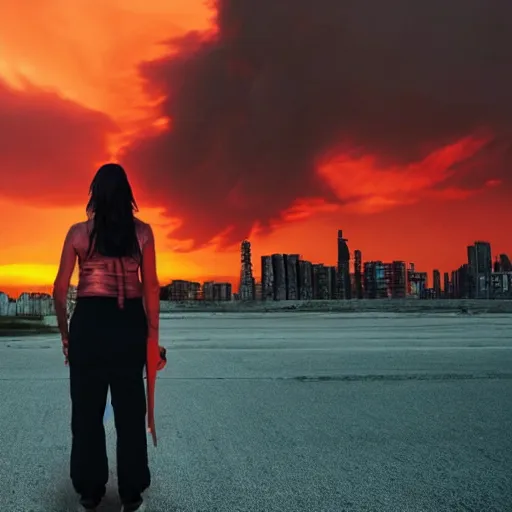 Image similar to rebel woman standing in front of a post apocalyptic city with burning red sky