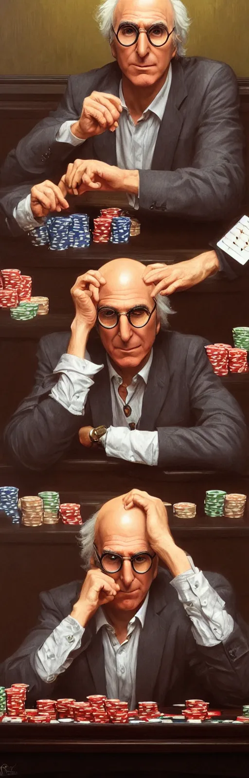 Image similar to portrait of larry david playing poker, photorealistic, highly detailed, artstation, smooth, sharp focus, art by michael whelan, artgerm, greg rutkowski and alphonse mucha