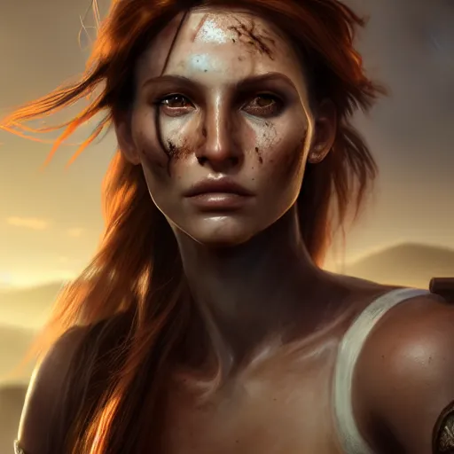 Prompt: fantasy concept art, frontal portrait of a healthy young woman, auburn hair in a ponytail, attractive, sun - kissed face, natural makeup, athletic, slavic features, serious demeanor, ( tomb raider ), desert background, in the style of ruan jia, high detail, uplit, 8 k