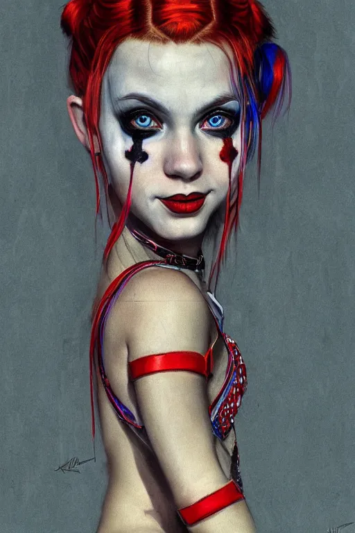 Image similar to portrait of beautiful young Harley Quinn maiden, highly detailed, artstation, illustration, art by Gustav Klimt