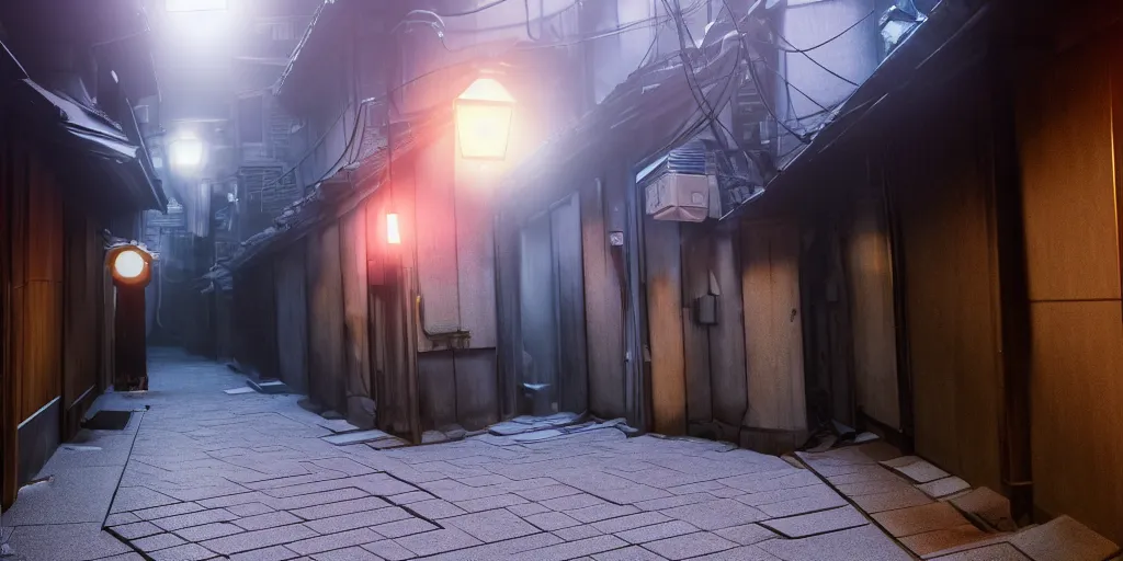 Image similar to a japanese alleyway at night, in the style of blade runner 2049, volumetric lighting