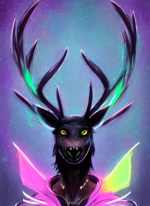 Image similar to award winning beautiful portrait commission of a male furry anthro Black Reindeer cyberpunk fursona with a tail, wings, wings, wings and a cute beautiful attractive detailed furry face wearing stylish black and rainbow galaxy clothes, outline, in a cyberpunk city at night while it rains. Character design by charlie bowater, ross tran, artgerm, and makoto shinkai, detailed, inked, western comic book art