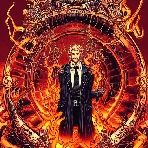 Image similar to portrait of john constantine in hell, symmetrical, by yoichi hatakenaka, masamune shirow, josan gonzales and dan mumford, ayami kojima, takato yamamoto, barclay shaw, karol bak, yukito kishiro