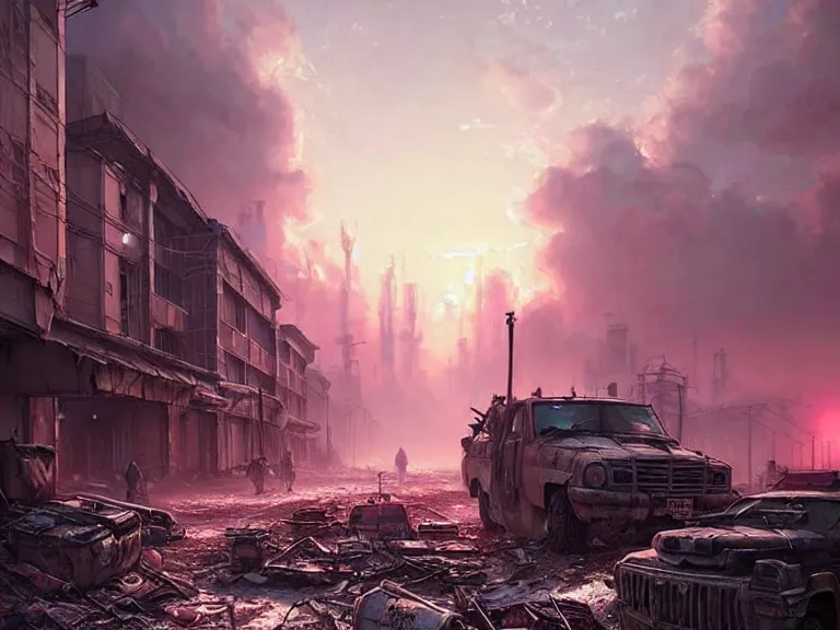 Image similar to postapocalyptic city of syzran!!!, militaristic!!!, romantic!!!, hyperrealistic, highly detailed, cinematic, pink sunlight!, beautiful, cgssociety, artstation, 8 k, oil painting by greg rutkowski, by artgerm, by wlop