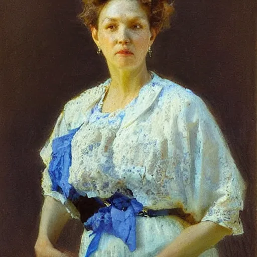 Prompt: Portrait of a stern looking affluent woman, photorealistic, general facial details, wearing a blue bonnet, by Ilya Repin