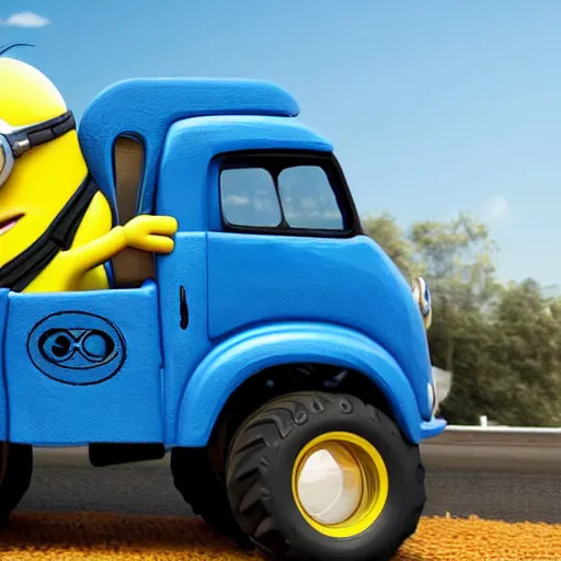 Prompt: minion driving a monster truck,