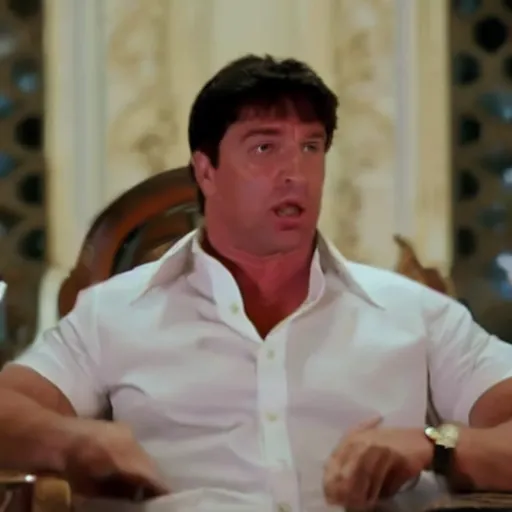 Prompt: a photographic still of Ron DeSantis starring as Tony Montana, cinematic