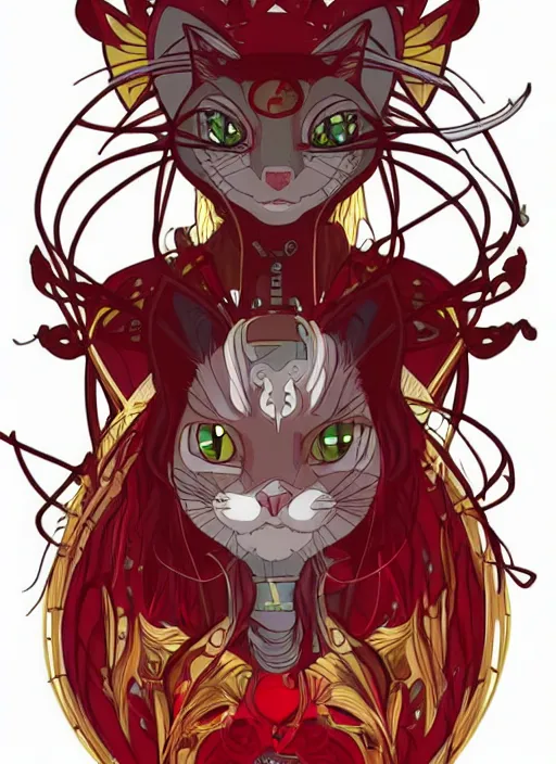 Prompt: cyber cat character design on white background, drawn by studio ghibli, alphonso mucha, lolish, trending on artstation colours red and gold