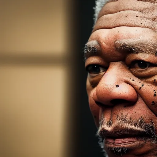Image similar to a cinematic film still of Morgan Freeman starring as 50 Cent, portrait, 40mm lens, shallow depth of field, close up, split lighting, cinematic
