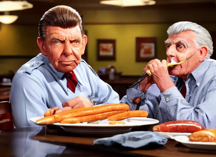 Prompt: photo still of andy griffith as matlock at shoneys!!!!!!!! at age 6 6 years old 6 6 years of age!!!!!!!! enjoying sausage, 8 k, 8 5 mm f 1. 8, studio lighting, rim light, right side key light