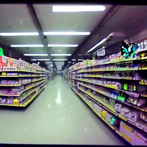 Image similar to abandoned robot android factory in a convenience store, damaged camcorder video