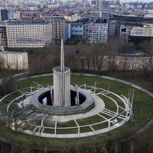 Image similar to aerial view of brutalist extensive monument ricardo bofill ( ( ( ( ( park ) ) ) ) ) spomenik with ( ( railings ) ) photo, 4 k