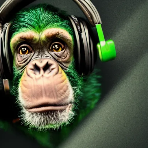 Image similar to a high quality photo of a green chimp wearing headphones, realism, 8k