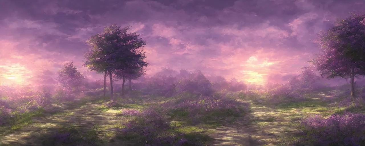Image similar to a beautiful landscape of a sunset violet evergarden style, concept art, digital art