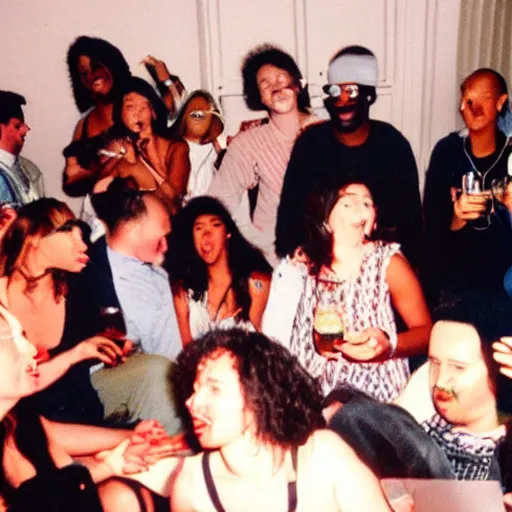 Prompt: photo of a bunch of people partying at a small house party. They are listening to snoop Dogg in the early 90's