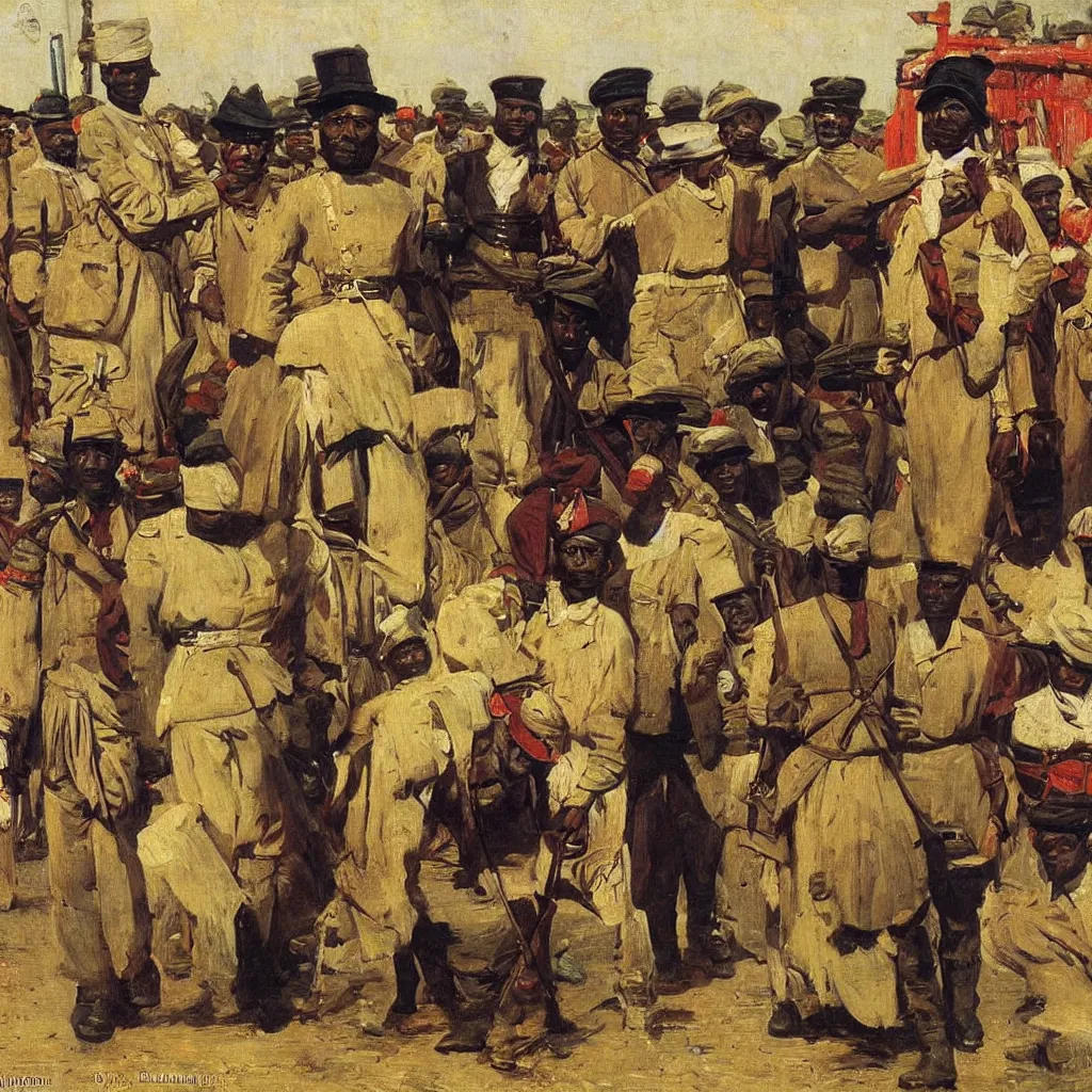 Prompt: british colonial officers in Lagos, 1905, bright colours, oil on canvas, by Ilya Repin