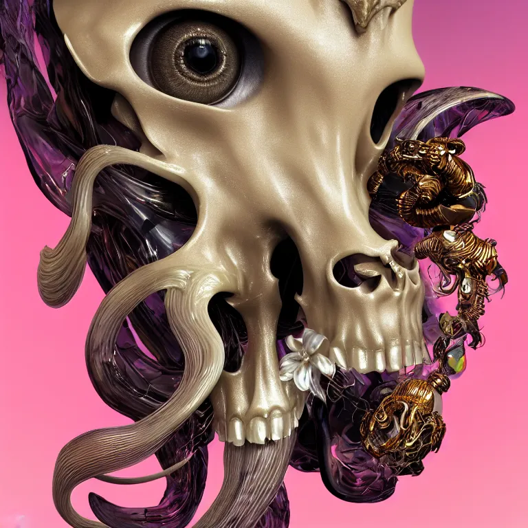 Image similar to goddess princess face close-up portrait ram skull. sculpture made of polished gold and matte obsidian. jellyfish phoenix head, nautilus, orchid, skull, betta fish, bioluminiscent creatures, intricate artwork by Tooth Wu and wlop and beeple. octane render, trending on artstation, greg rutkowski very coherent symmetrical artwork. cinematic, hyper realism, high detail, octane render, 8k