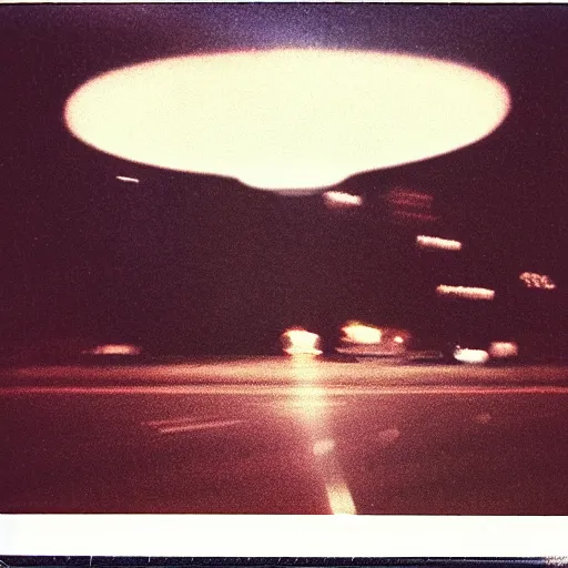 Image similar to a ufo flying at night, blurry photo, historical photo, old polaroid, expired film,