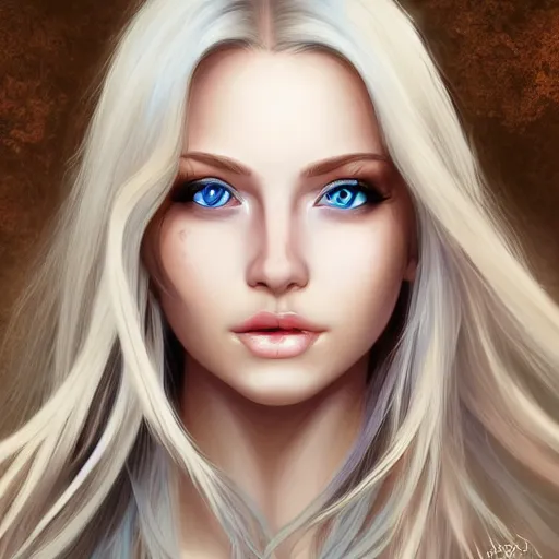 Image similar to portrait, 30 years old women :: fantasy :: blue eyes, long straight blonde hair, flower in hair :: attractive, symmetric face :: brown medieval cloting, natural materials :: high detail, digital art, RPG, concept art, illustration