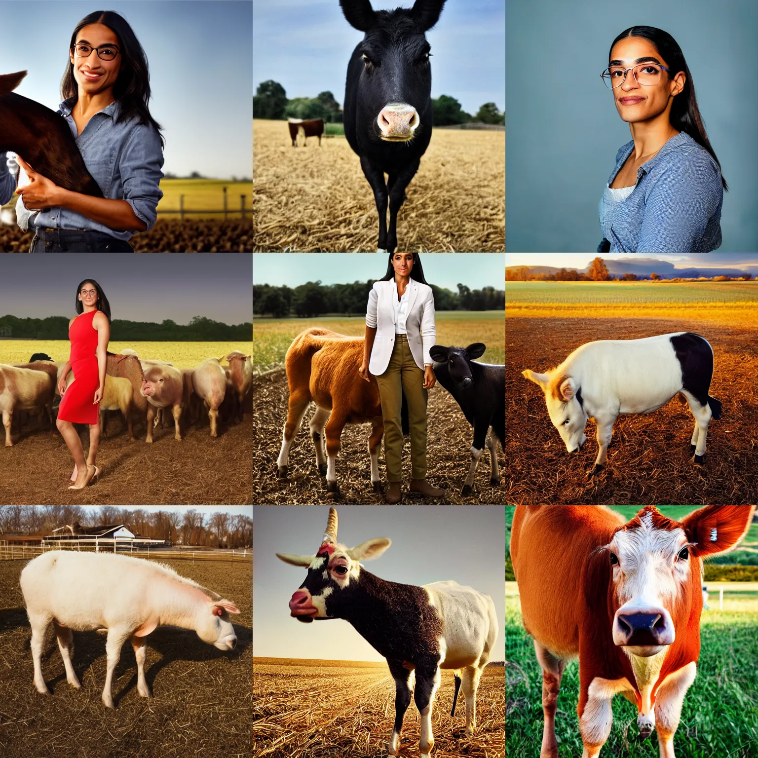 Prompt: a portrait of AOC as a farm animal, shot by Annie Liebovitz, award winning photography, 8k, 4k, golden hour