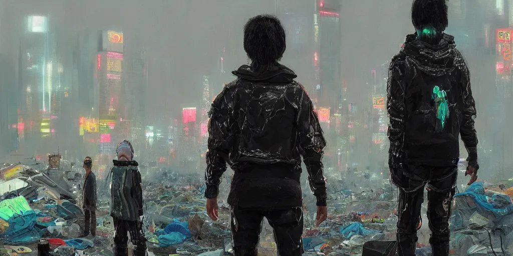 Image similar to detailed portrait Neon guard boy with short dark hair seen from the back, cyberpunk futuristic, reflective puffer jacket, black leggings, decorated with traditional ornaments in front of a dystopian crowd with piles of garbage by Ismail inceoglu dragan bibin hans thoma, Perfect face, fine details, realistic shaded, fine-face, pretty face