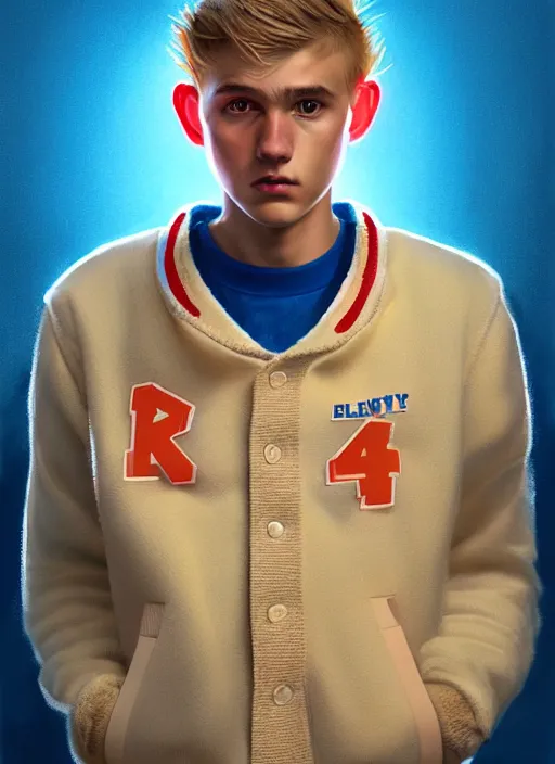 Image similar to portrait of high school senior boy named big moose, blonde short hair, jock, beefy, wide face, square jaw, square facial structure, blue varsity jacket with letter r, intricate, elegant, glowing lights, highly detailed, digital painting, artstation, concept art, sharp focus, illustration, art by wlop, mars ravelo and greg rutkowski