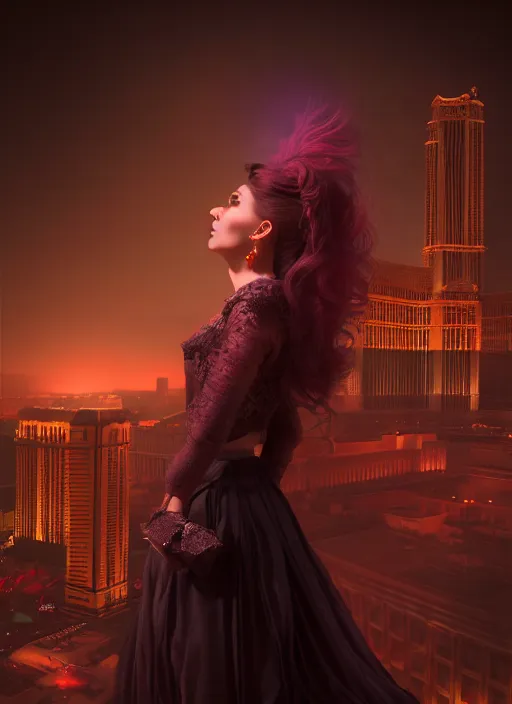 Prompt: realistic matte painting, full body portrait, the duchess of blood, owns the las vegas night, highly detailed, CGsociety, subtle, concept art, HDR, hyper realistic, volumetric lighting, subsurface scattering, unreal