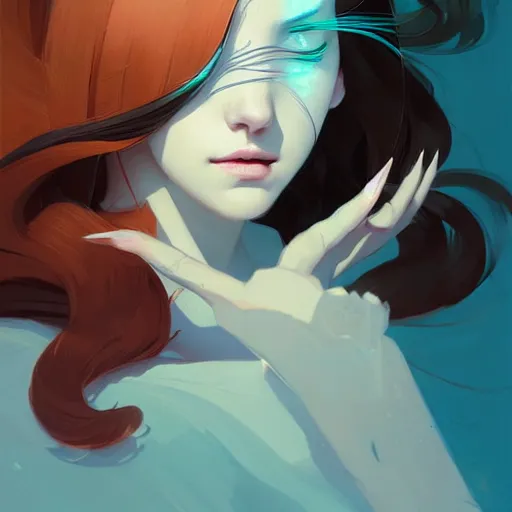 Image similar to beautiful artistic - wave highly detailed portrait female, with cat ears, long red hair, by atey ghailan, by greg rutkowski, by greg tocchini, by james gilleard, by joe fenton, by kaethe butcher, dynamic lighting, gradient light blue, brown, blonde cream and white color scheme, grunge aesthetic