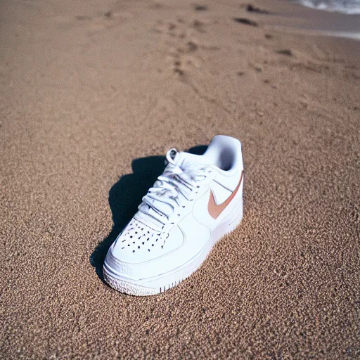 Image similar to photo of white nike air force one sneaker on a beach, color film photography, 3 5 mm,