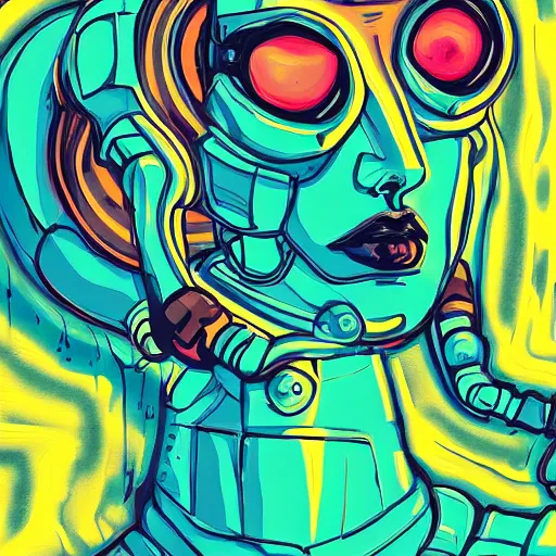 Prompt: Woman and her robot against the world. Rough strokes and grainy. Interesting colour scheme. Detailed. Beautiful digital artwork by artist Lurid. (2022)