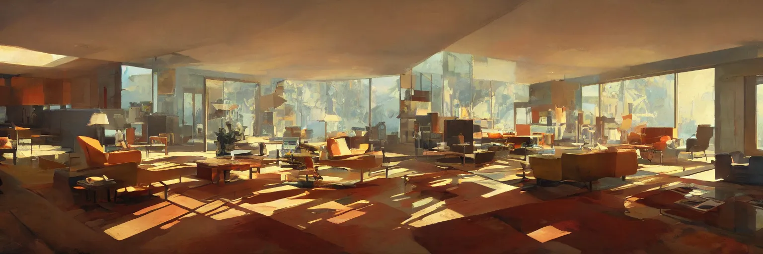 Prompt: midcentury architecture. modernism. rays of light filling the room. warm colors. wide shot. craig mullins.