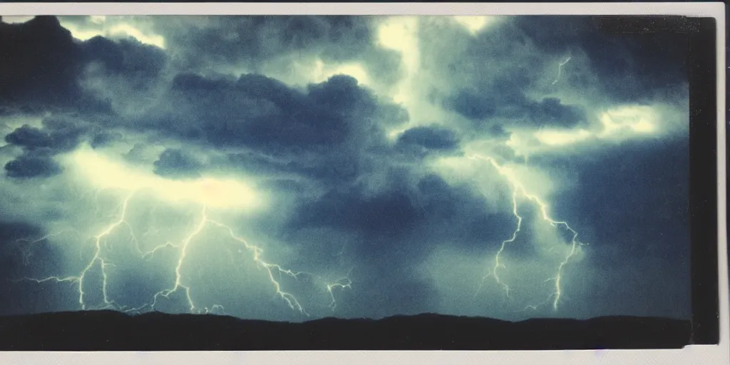 Prompt: analog polaroid of dark thunderclouds, bright lightning