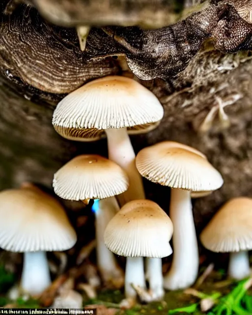 Image similar to a small family of conical oyster mushrooms is located on a rotten stump, which suspiciously reach for an unusual symbol on the wall depicting a dissected cross