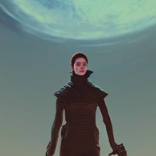 Prompt: Portrait of Grimes (Claire Boucher) in Dune 1984, illustrated by Greg Rutkowski, trending on artstation, artstationHQ, artstationHD, 4k, 8k