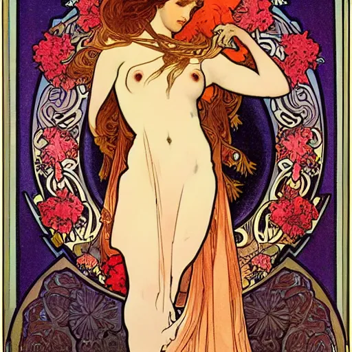 Prompt: persephone as goddess of the underworld and flowers, painted by alphonse mucha