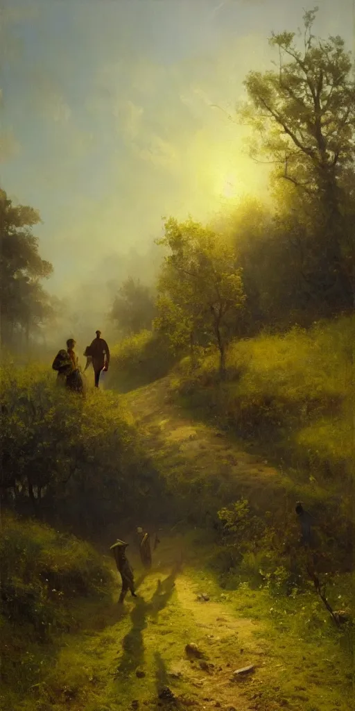 Image similar to a big hillside meadow in 1 9 4 0 with blue light on, sunny day, a men stand up on the road, mystical orange fog, oil on canvas, art by andreas achenbach, clemens ascher, tom bagshaw and sabbas apterus,