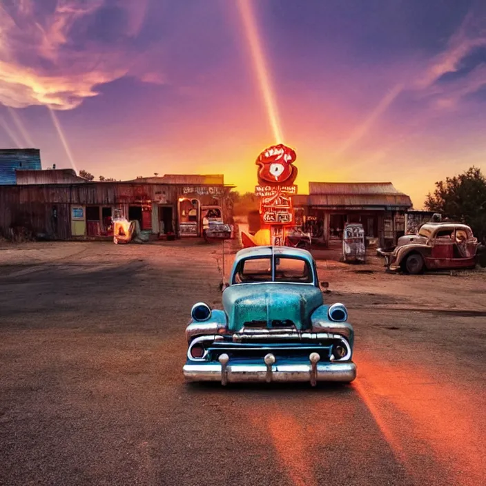 Image similar to a sunset light landscape with historical route 6 6, lots of sparkling details and sun ray ’ s, blinding backlight, smoke, volumetric lighting, colorful, octane, 3 5 mm, abandoned gas station, old rusty pickup - truck, beautiful epic colored reflections, very colorful heavenly, softlight