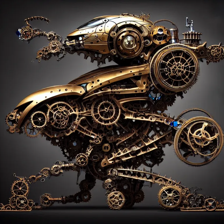 Image similar to biomechanical shiny steampunk vehicle reminiscent of very fast sportscar with robotic parts and (glowing) lights parked in ancient lush palace, gothic and baroque, brutalist architecture, ultradetailed, creepy ambiance, fog, artgerm, giger, Intricate by Ellen Jewett and Josan Gonzalez and Giuseppe Arcimboldo