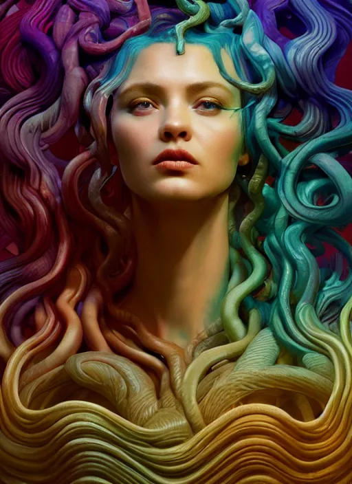 Prompt: medusa made of soft wax, wooden art nouveau swirls, strong subsurface scattering, cables, tubes, subsurface scattering, in the style of ruan jia and pascal blanche and giger, subsurface scattering, mystical colors, rim light, dramatic lighting, 8 k, stunning scene, raytracing, octane render, trending on artstation