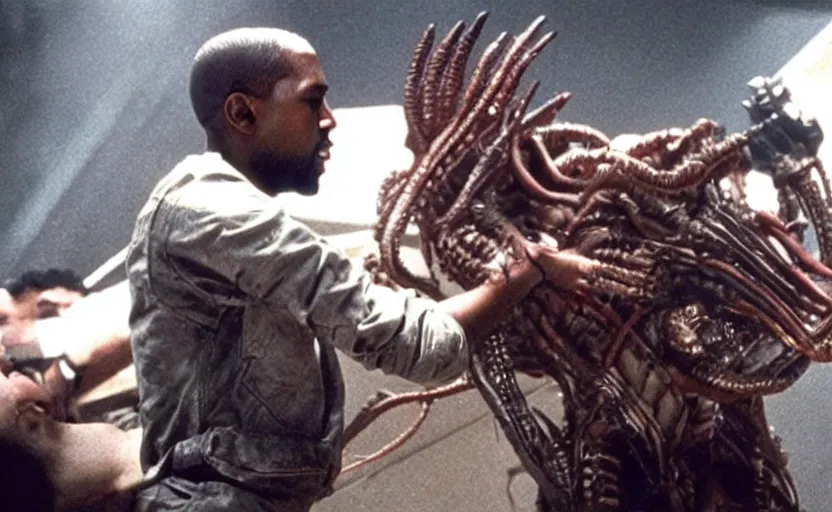 Image similar to the movie aliens starring kanye west facehugger scene vfx film