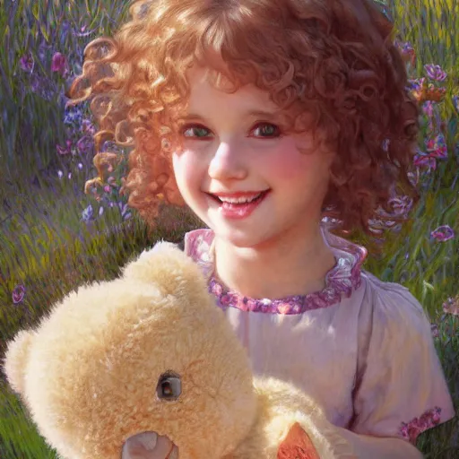 Prompt: a beautiful smiling little [[[[[[blonde toddler]]]]]] girl with short loosely curly hair, at the park on a beautiful day, holding a teddy bear, by Artgerm, Mucha Klimt, Hiroshi Yoshida and Craig Mullins, featured on Artstation, CGSociety, Behance HD, Deviantart