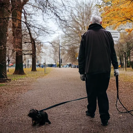 Image similar to elderly man walking a terrifying and evil creature, leash, park, canon eos r 3, f / 1. 4, iso 2 0 0, 1 / 1 6 0 s, 8 k, raw, unedited, symmetrical balance, wide angle