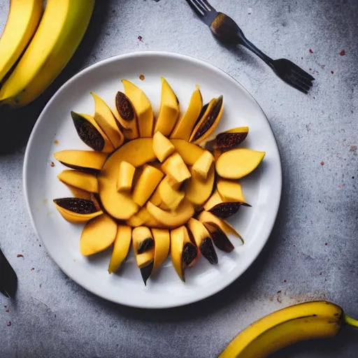 Image similar to beautiful photo of a sailing ship made from mango, bananas and apple pieces on a white plate, dslr