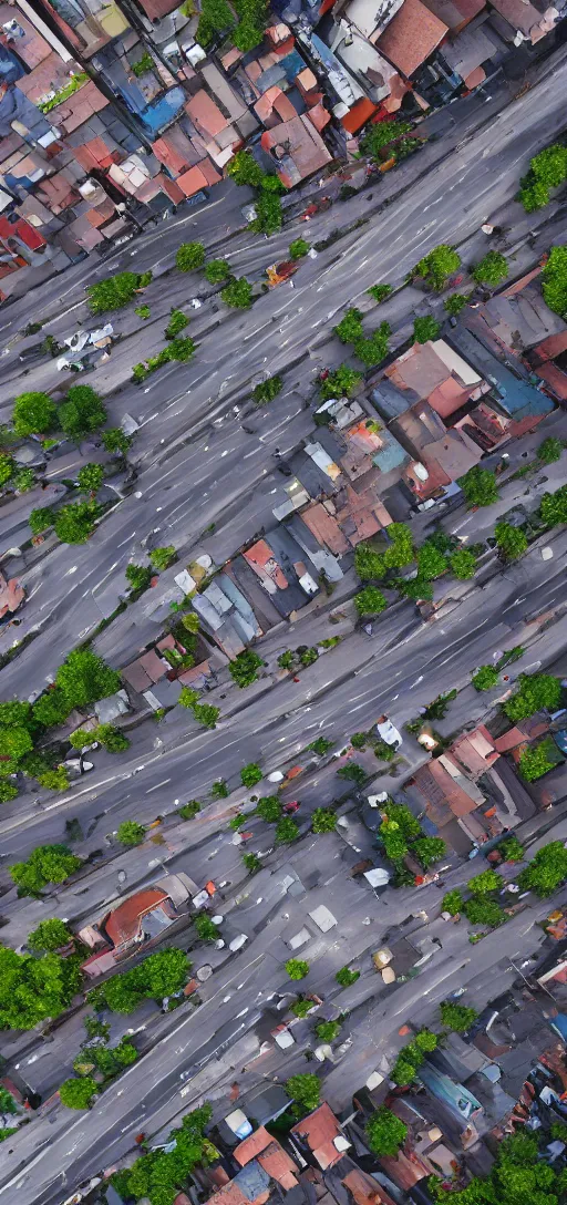 Image similar to photo looking down on a street, rain, 4k, realistic, no people,