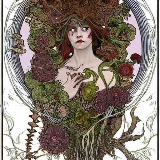 Prompt: a beautiful detailed front view portrait of a rotten woman corpse with fractal plants and fractal flowers and mushrooms growing around, symmetrical, ornate, ornamentation, illustration, in the style of art nouveau, mucha