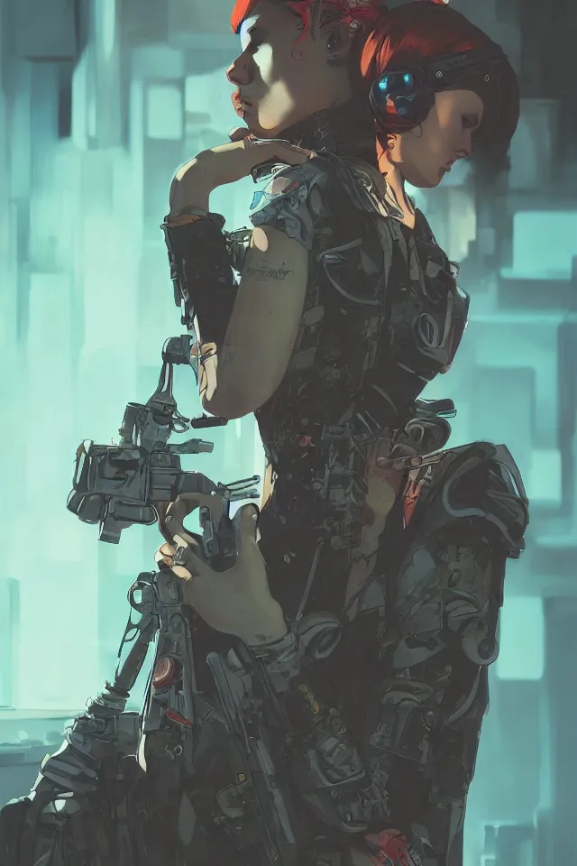 Prompt: very detailed, prophet graphic novel, ilya kuvshinov, rutkowski, simon roy, james jean, illustration of a cyberpunk military woman, colorful, deep shadows, hyperrealism, photorealistic